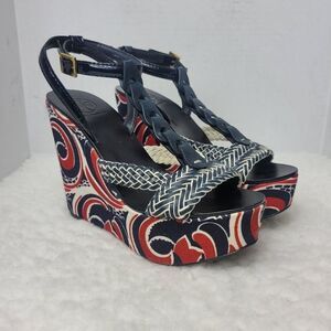 Tory Burch Araminta Womens Shoe Size 7.5 Platform Wedge Leather T-Strap Sandals
